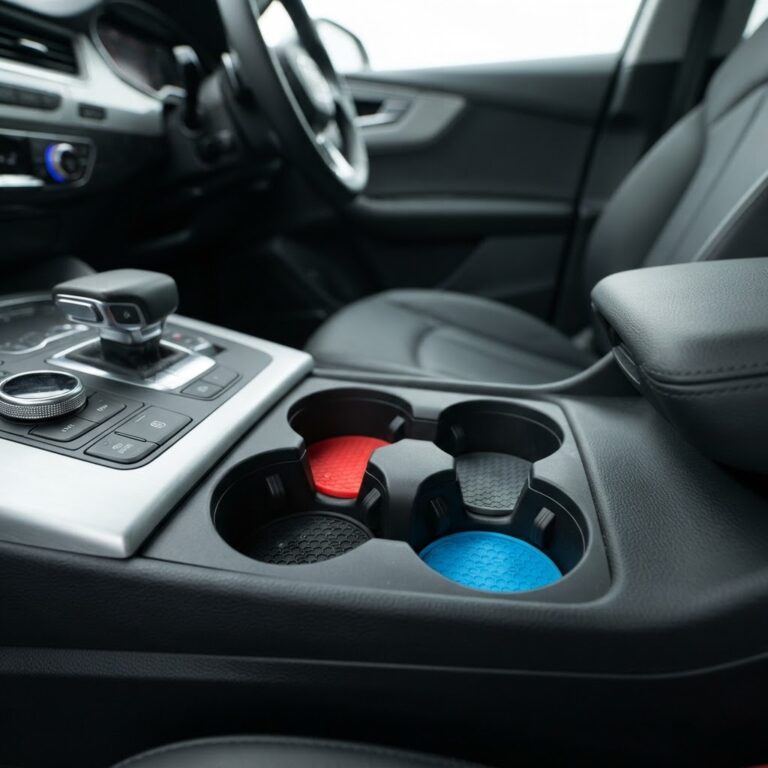 Colorful silicone car cup holder coasters in a car center console