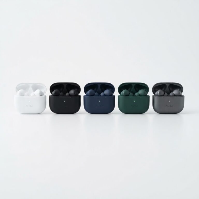 Wireless earbuds with charging cases in various colors