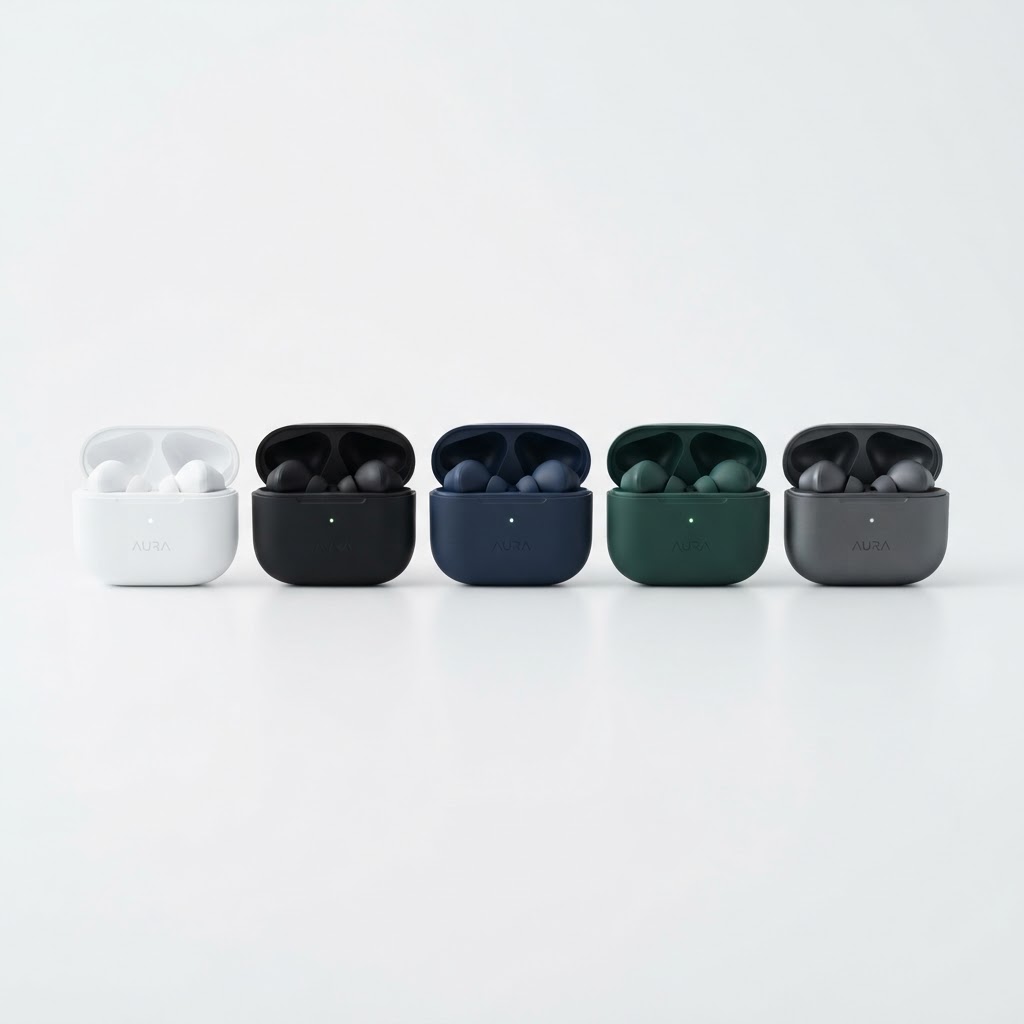 Wireless earbuds with charging cases in various colors