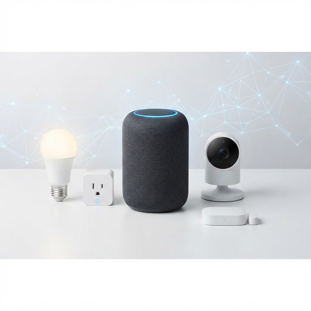 Smart home devices including speaker, light bulb, plug, sensor and camera
